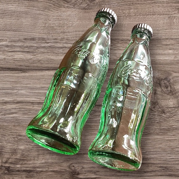 Vintage Coca Cola Mini 4.5" Green Glass Salt & Pepper Shakers, Metal Lids - Picture 3 of 7